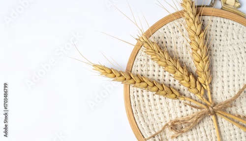 Golden Wheat Stalks Tied Together on Woven Mat with Clean White Background