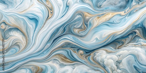 Abstract Fluid Art Swirls Serene Blue, White, and Gold Hues Intertwined in a Captivating Marbled Design
