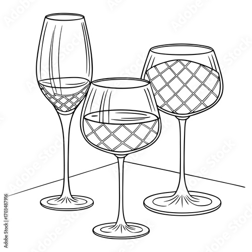 Elegant line art illustration of various wine glasses in a minimalist style