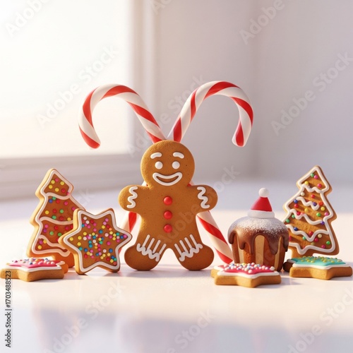 Festive Ginger Bread Man Christmas Cookie Scene with Candy Canes