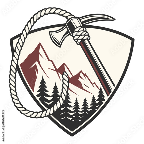 Adventure mountain climbing badge logo with rope and axe for outdoor enthusiasts