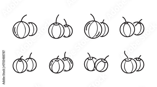 Eight hand drawn outline illustrations of cherries in a silhouette style