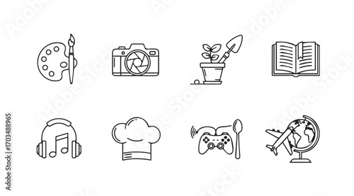 Collection of hobby icons in a simple silhouette style