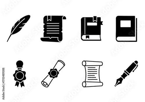 A collection of eight black silhouette icons related to writing, education, and official documents.