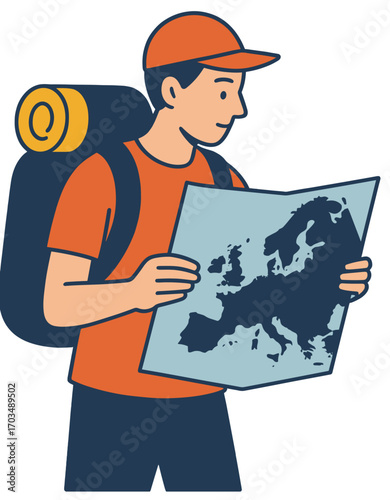 Backpacker with Europe Map | Adventure Travel Illustration
