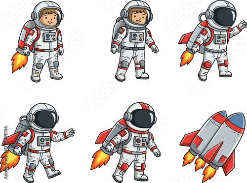 Cartoon astronauts flying with jetpacks and rocket ship in space, playful vector illustration for kids, games, and educational content