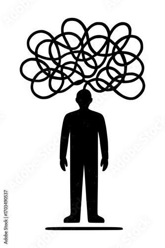 Overwhelmed person with chaotic thoughts depicted as tangled lines above head