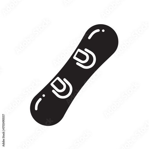 Black Snowboard Icon with Bindings on a White Background