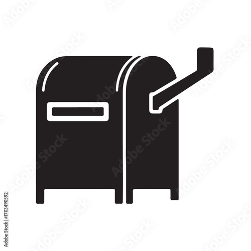 Black Silhouette Mailbox Icon with Raised Flag on White Background