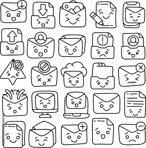 Cute Hand Drawn Email Icon Set with Kawaii Faces – Doodle Envelope, Folder, File, Mailbox and Emoji Expressions for Communication and Messaging UI Design