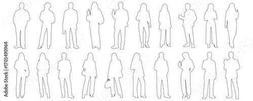 Architectural Drawings ashionable modern standding people holding coffee cups, bottles, or drinks, trendy outfits outline vector illustration,  front view, human person Minimal style hand drawn.