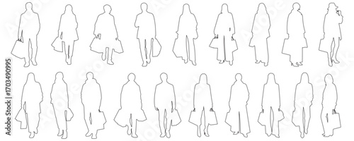 Architectural Drawings stylish people carrying shopping bags, street fashion outfits outline vector illustration, front view, human person Minimal style hand drawn. Sections, Elevations, Floor Plans