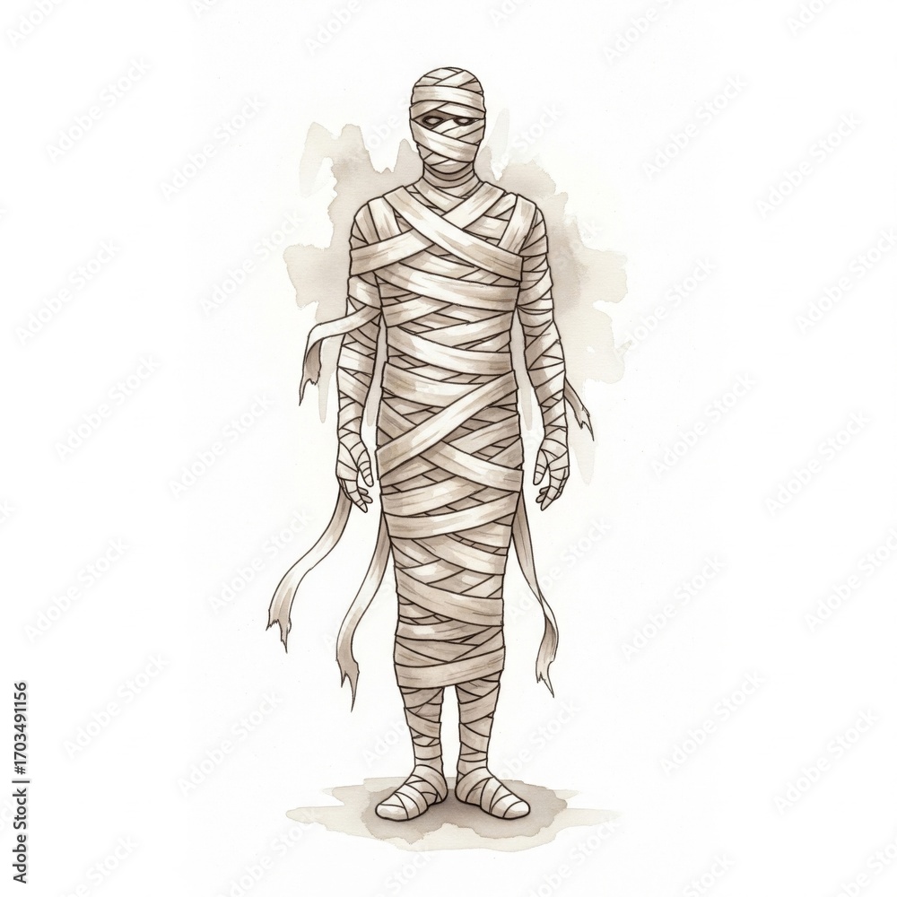 Obraz premium Aged Mummy Figure Wrapped in Linen in Sepia Tone Illustration Style