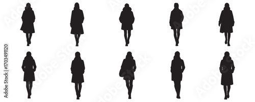 Architectural Drawings trendy people in winter outfits with coats, scarves, and boots silhouette vector illustration, front view, human person Minimal style hand drawn.