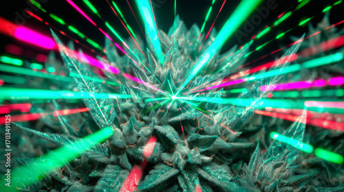 Neon Burst — close-up cannabis bud pierced by radiant teal & magenta laser streaks