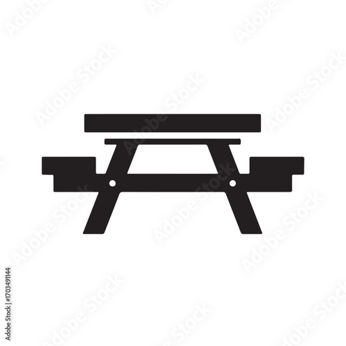 Minimalist Black Picnic Table Silhouette with Attached Benches