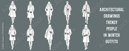 Architectural Drawings trendy people in winter outfits with coats, scarves, and boots vector illustration, front view, human person Minimal style hand drawn. Sections, Elevations, Floor Plans