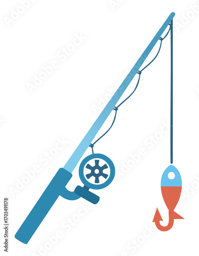 Fishing rod with reel and fish bait on hook vector