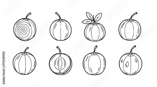 Collection of oval fruits with stems and leaves in a detailed silhouette style