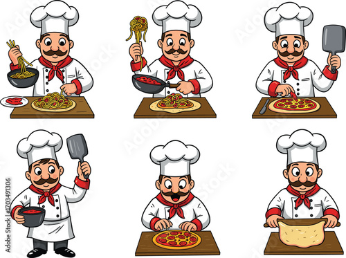Cartoon Italian chef characters cooking pizza and pasta in various poses, playful vector illustration for culinary, restaurant, and food preparation themes