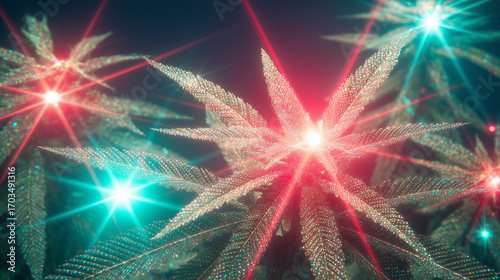 Luminous Leaves — cannabis leaves framed by radiant starburst lights