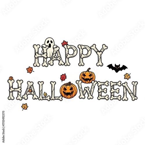 Whimsical Happy Halloween Bone Text with Ghost Pumpkins and Bat Decoration