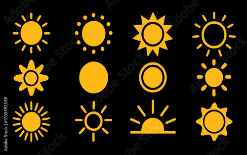 Sun icon vector set in modern styles with bright design for summer, energy, and abstract graphics