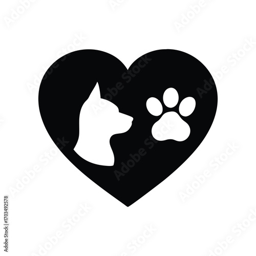 Heart shape with dog paw and cat head silhouette love