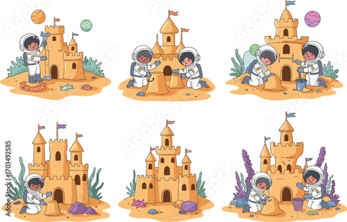 Children astronauts building sandcastles on alien beach with planets, space suits, teamwork, imagination, cosmic background, and playful sci-fi theme