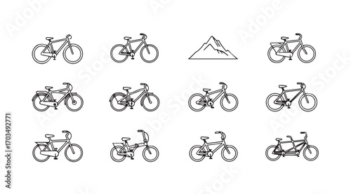 Collection of twelve bicycle illustrations in a simple artistic silhouette style
