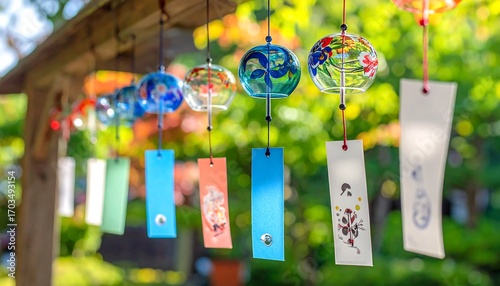 Wallpaper Mural Colorful glass wind chimes hanging in a garden Torontodigital.ca