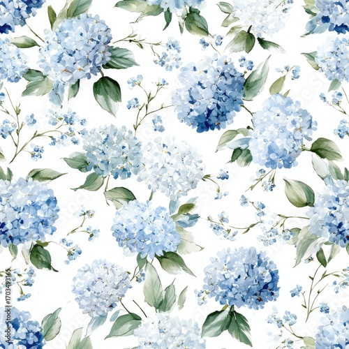 Watercolor floral pattern featuring light blue hydrangeas and delicate forget-me-nots on a white background, creating a serene and elegant design