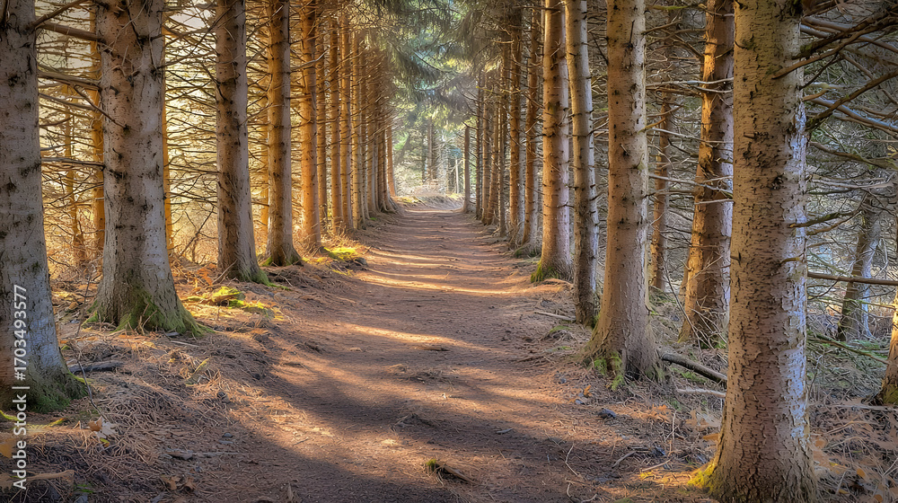 Obraz premium Sunlit Path Through Pine Forest
