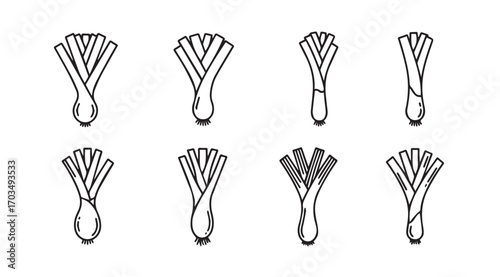 Collection of eight stylized leek vegetable silhouettes in black and white