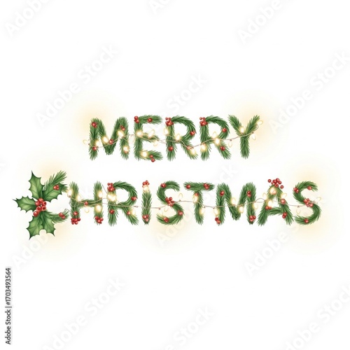 Merry Christmas Greenery Lettering with Red Berries on White Background