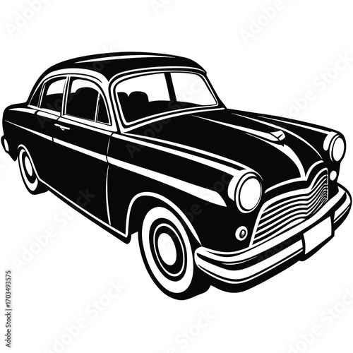 Classic vintage automobile illustration in black and white with bold lines and retro styling