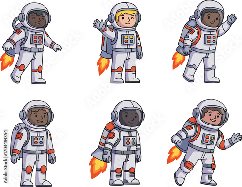Diverse cartoon astronauts flying with jetpacks in space, playful vector illustration for kids, educational content, games, and science themes