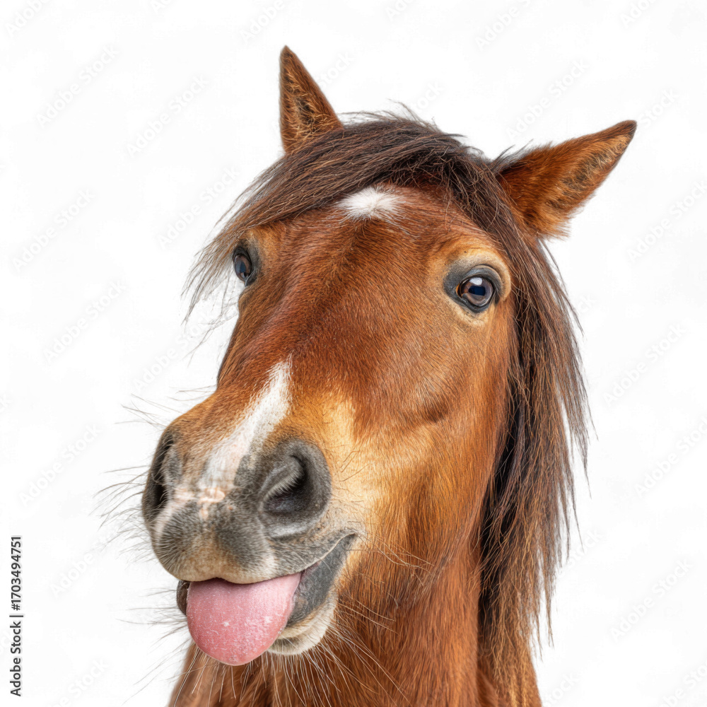 Obraz premium Funny animal photography - Close-up of a cheeky brown horse sticking out its tongue, isolated on white or transparent background png
