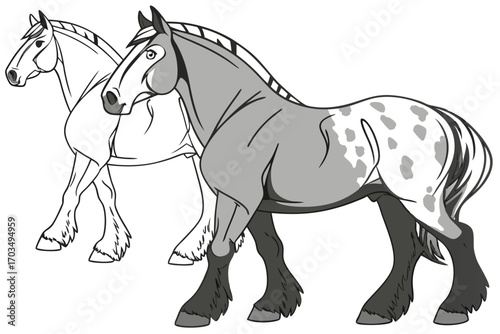 Two Majestic Horses Standing Side by Side Cartoon Illustration Portraying Strength Grace and Animal Artistry Equestrian Beauty