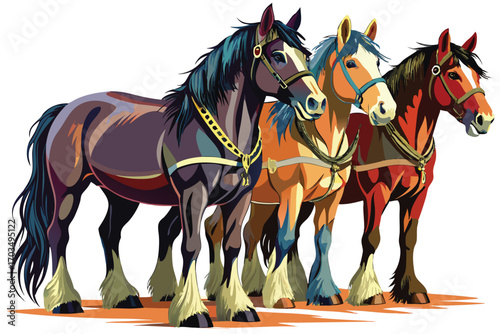 Colorful Team of Horses Standing Side by Side Horses in Harness Artwork Powerful Equine Animals Heavy Horses Draft Horses