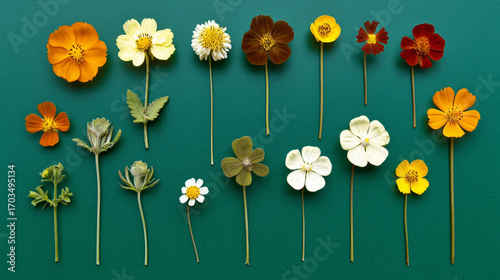 Linear Wildflower Study — Assorted Blooms on Teal Canvas