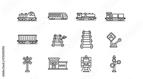 Collection of train and railway icons in a distinctive silhouette style