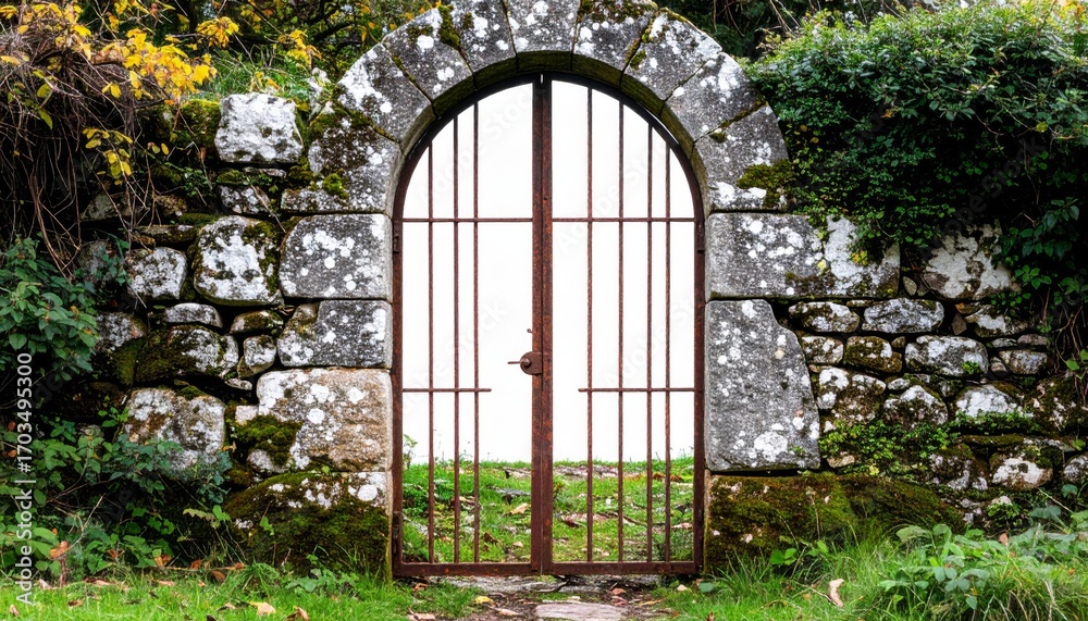 Fototapeta premium Old Stone Archway Gate Surrounded by Green Foliage and Natural Stone Wall in Garden Setting