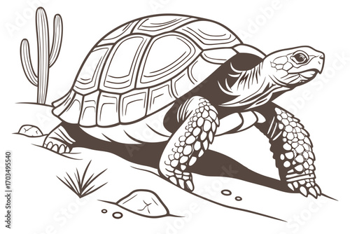 Monochrome Illustration of a Desert Tortoise Strolling Through a Desert Landscape with a Cactus in the Background