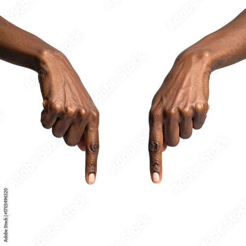 Two dark-skinned hands, palms facing down, index fingers pointing down