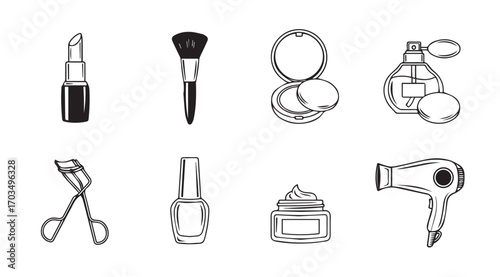 Collection of cosmetic and beauty product illustrations in silhouette style