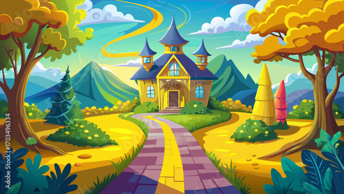  Walking the Yellow Brick Road Through Emerald Green Fields Illustration Yellow road and very beautiful magic house Wizard of Oz concept.