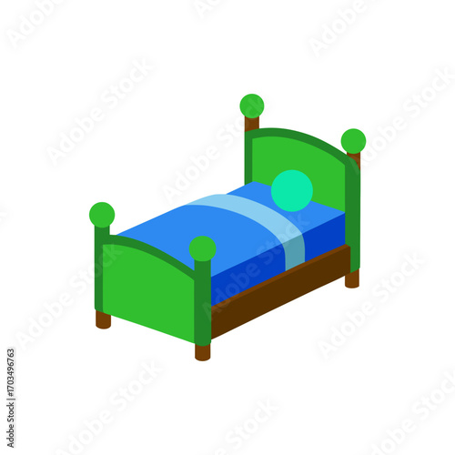 A cartoon bed with green frame and blue sheets on transparent background