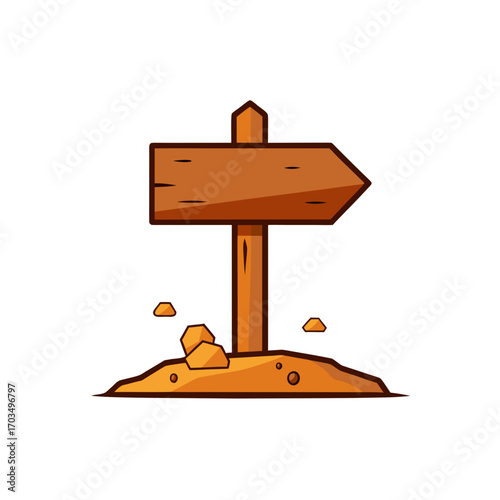 Wooden arrow sign on a small dirt mound on transparent background