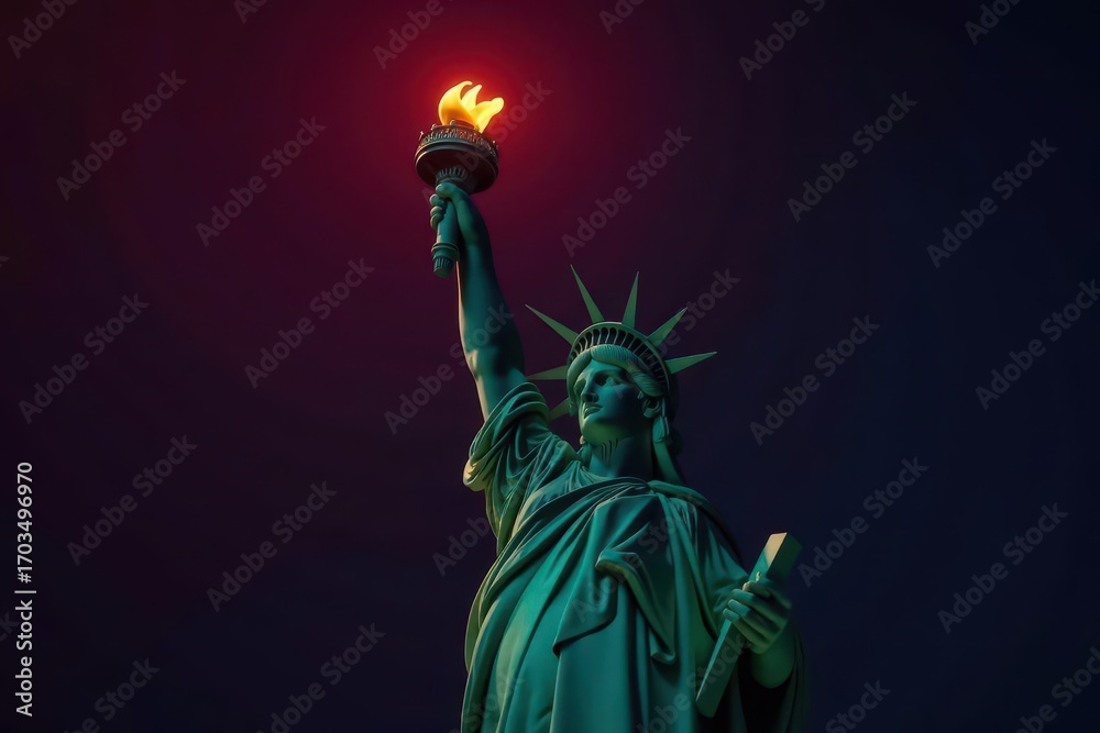 Fototapeta premium Isolated view of Liberty's torch and crown, dramatic lighting, detail, crown, view